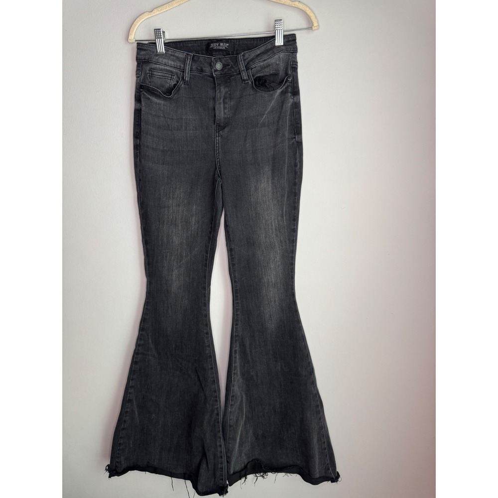 Judy Blue Super Flare Black High Waisted Raw Hem Jeans Size 5/27